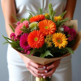 A hand-tied bouquet ready for delivery.